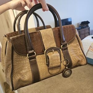 Bueno Brown & Tan Faux Crocodile Dr. Bag Handbag, with Bag Charm